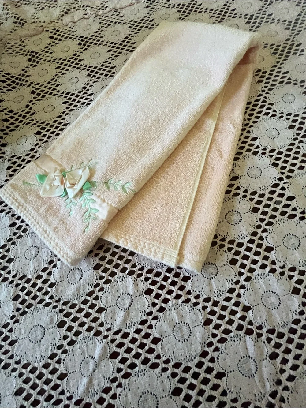 Decorative Cream Hand Towel with Satin Ribbon Rose